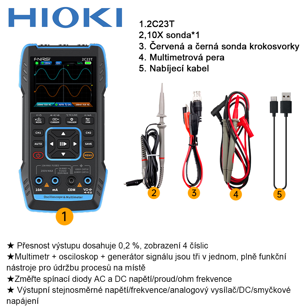2C23T-Přesnost výstupu dosahuje 0,2 %, displej 4 číslice/multimetr + osciloskop + generátor signálu tři v jednom
