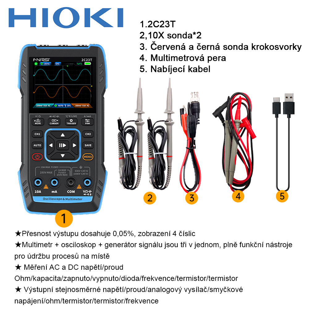 2C25T-Přesnost výstupu dosahuje 0,05 %, displej 4 číslice/multimetr + osciloskop + generátor signálu tři v jednom